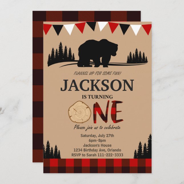 Lumberjack Bär Rustikal 1. Geburtstag Einladung (Vorne/Hinten)