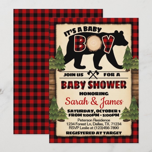 Lumberjack Bear Baby Dusche Einladung (Vorne/Hinten)