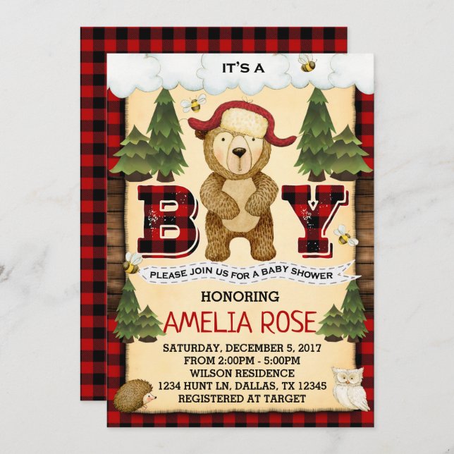 Lumberjack Bear Baby Dusche Einladung (Vorne/Hinten)