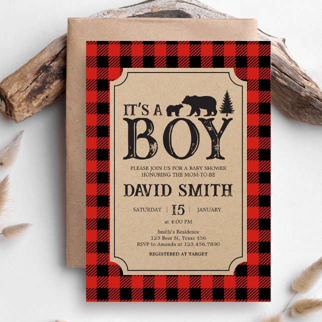 Lumberjack Bear Baby Shower  Einladung (Bear Plaid Baby Shower Invitation)