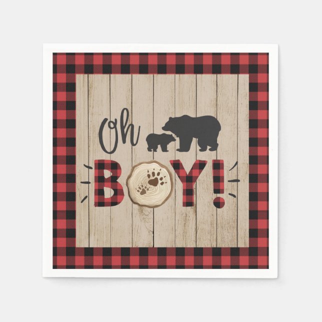 Lumberjack Bear Red Black Kariert Baby Shower Boy Serviette (Vorderseite)