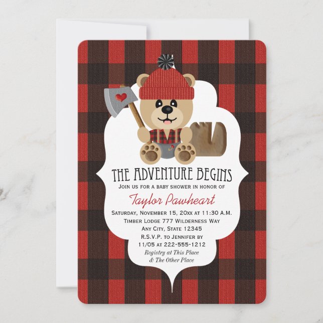 Lumberjack Bear Wilderness Themed Baby Dusche Einladung (Vorderseite)