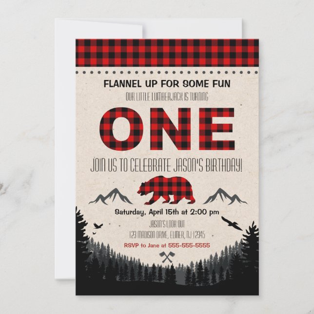 Lumberjack Birthday Einladung Woodland Geburtstag (Vorderseite)