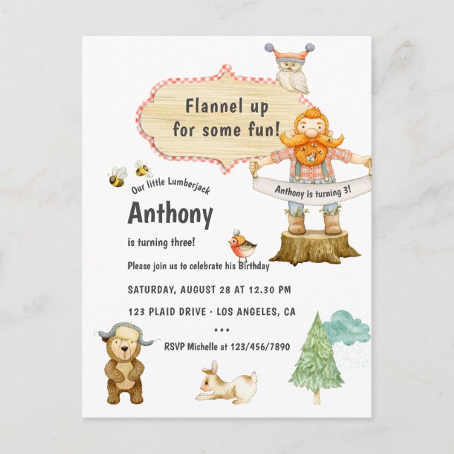 Lumberjack Birthday Party Postkarte (Vorderseite)