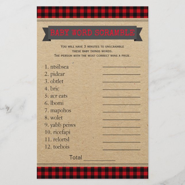 Lumberjack Boho Baby Showspiele Word Scramble (Vorderseite)
