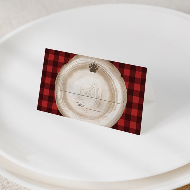 Lumberjack Buffalo Kariert Food Platzkarte (Lumberjack bear paw print red black buffalo check place cards, buffet cards or food tents)
