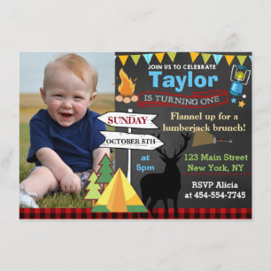 Lumberjack Camping zum ersten Geburtstag Einladung