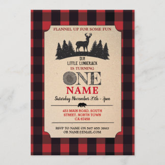 Lumberjack Erster Geburtstag eines roten Flanderne Einladung