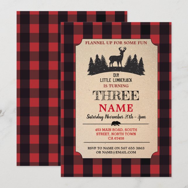 Lumberjack Geburtstag JEDES ALTER Red Flannel Einl Einladung (Vorne/Hinten)