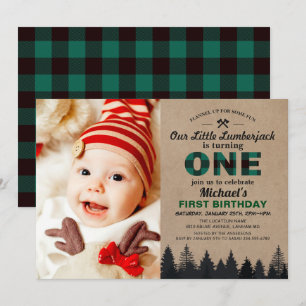 Lumberjack Green Kariert First Birthday Baby Foto Einladung