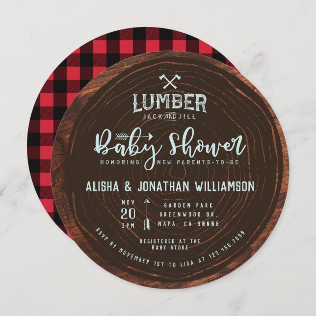 Lumberjack & Jill Baby Boy Dusche Wood & Red Karie Einladung (Vorne/Hinten)
