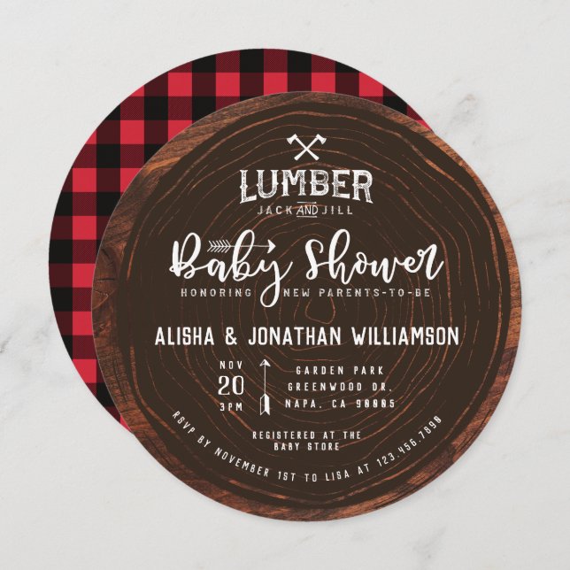 Lumberjack & Jill Baby Dusche Wood & Red Kariert Einladung (Vorne/Hinten)