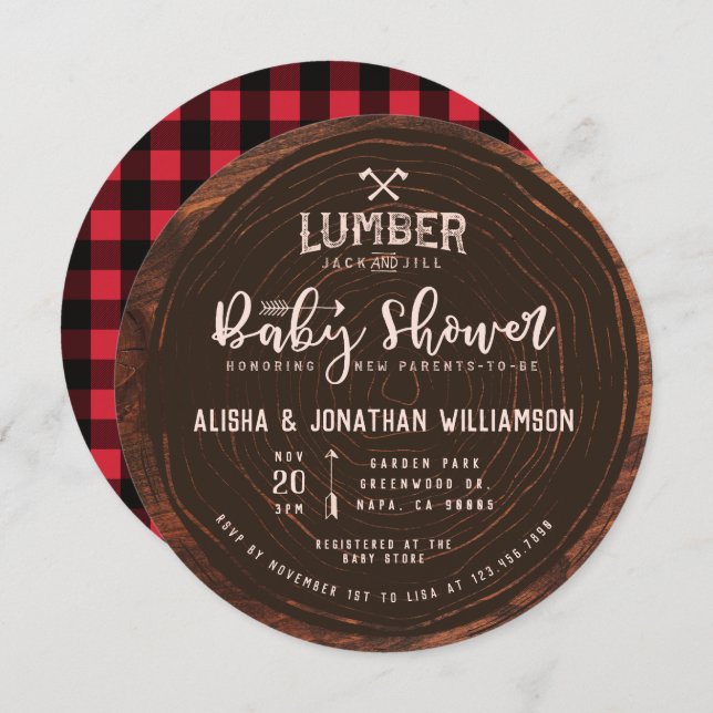 Lumberjack & Jill Baby Girl Dusche Wood Red Karier Einladung (Vorne/Hinten)