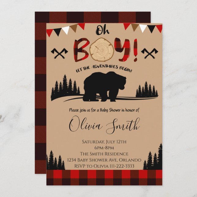 Lumberjack Kariert Baby Shower Boy Einladung (Vorne/Hinten)