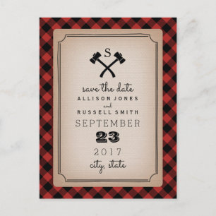 Lumberjack Kariert Monogram Ax Save the Date Ankündigungspostkarte