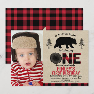 Lumberjack kleines Bären Foto 1. Geburtstag Einlad Einladung
