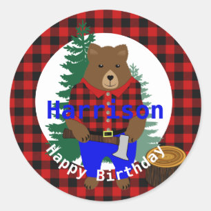 Lumberjack Niedlicher Bär Kariert Happy Geburtstag Runder Aufkleber