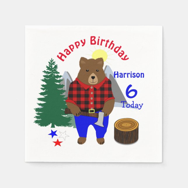 Lumberjack Niedlicher Bär Kariert Happy Geburtstag Serviette (Vorderseite)