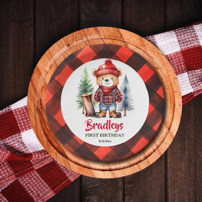 Lumberjack Party Geschirr niedlich Teddybär Pappteller (Lumberjack party plates cute little lumberjack teddy bear in clothes and boots log fir trees)