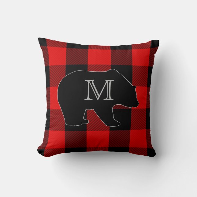 Lumberjack Red Buffalo Karo | Monogram Bear Kissen (Vorderseite)