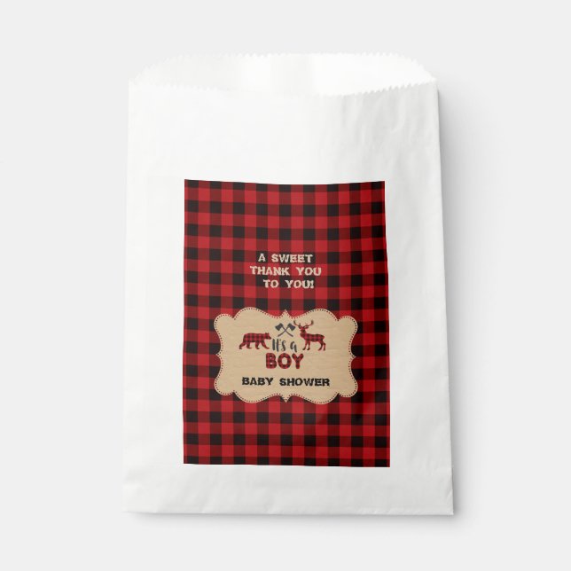 Lumberjack Red Buffalo Little Hunter Baby Dusche Geschenktütchen (Vorderseite)