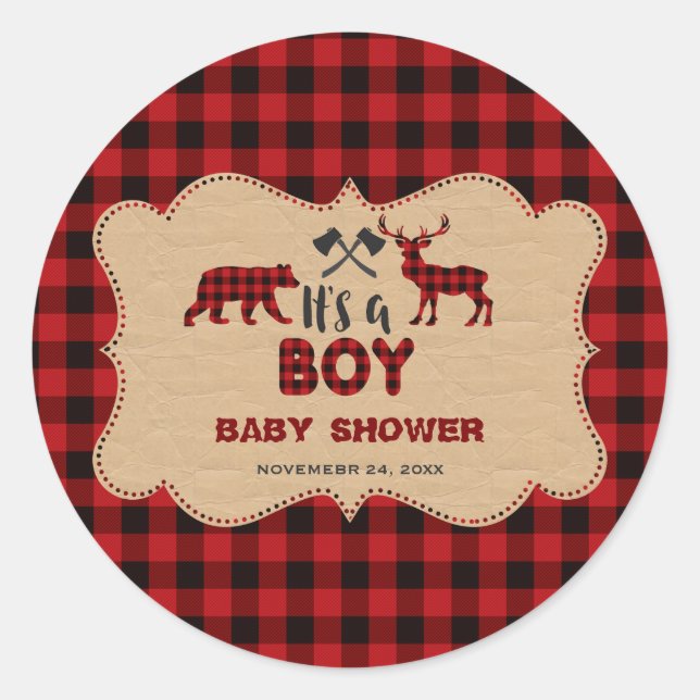 Lumberjack Red Buffalo Little Hunter Baby Dusche Runder Aufkleber (Vorderseite)