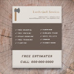 Lumberjack Services Flyer<br><div class="desc">Ein Flyer mit Axt-Illustration für Tischler,  Holzarbeiter und Holzfäller (Baumentfernung und -schnitt,  Brennholz,  Stumpfschleifen u.v.m.).</div>