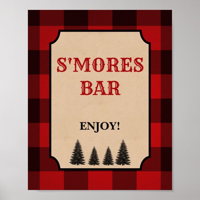 Lumberjack S'mores Bar Party Schild Rot Kariert (Vorne)