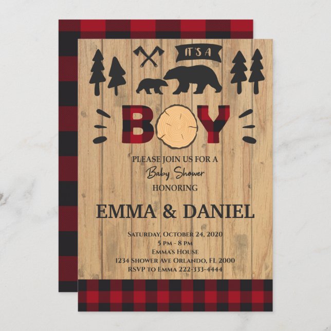 Lumberjack Woodland Baby Shower Boy Einladung (Vorne/Hinten)
