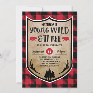 Lumberjack Young Wild and Three Birthday Party Einladung