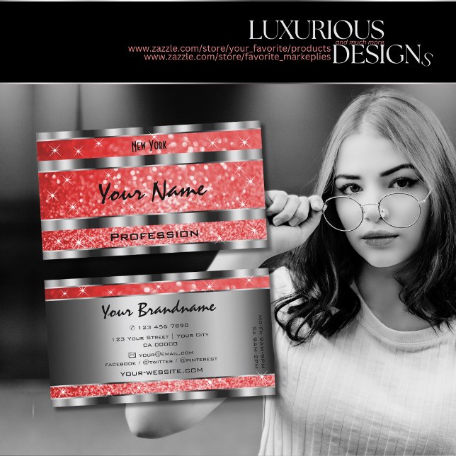 Luminöse Ruby Red Glitzer Stars Silver Decoration Visitenkarte (Von Creator hochgeladen)