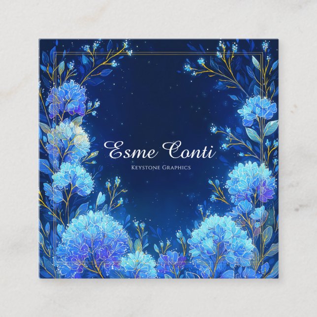 Luminous Blue Floral Gold Celestial Frame Midnight Quadratische Visitenkarte (Vorderseite)