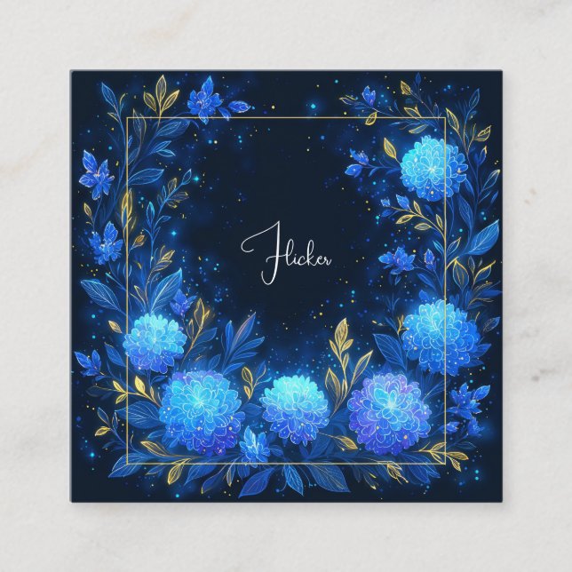 Luminous Blue Floral Gold Celestial Frame Midnight Quadratische Visitenkarte (Vorderseite)