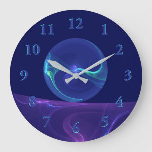 Luminous Blue Lila Dream Abstraktes Fraktal Kunst, Große Wanduhr