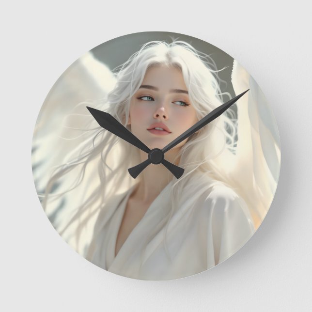 Luminous Guardian - Engel der Silberdämmerung Runde Wanduhr (Vorderseite)