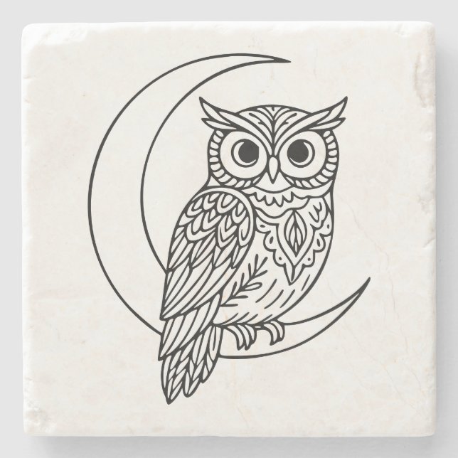 Luna-Eule-Linienkunst mit zunehmendem Mond Steinuntersetzer (Vorderseite)