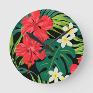 Luna Hibiskus Garden Hawaiian - Rot und Schwarz Runde Wanduhr