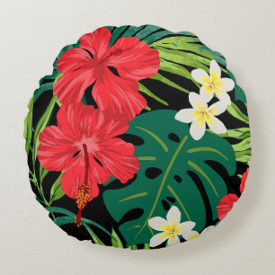 Luna Hibiskus Garden Hawaiian - Rot und Schwarz Rundes Kissen