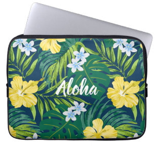 Luna Hibiskusgarten Hawaiian -Gelb und Marineblau Laptopschutzhülle