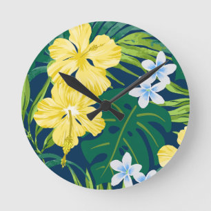 Luna Hibiskusgarten Hawaiian - Gelb und Marineblau Runde Wanduhr