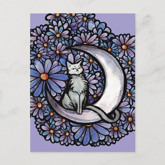 Luna Mond Katze Lila Gänseblümchen                 Postkarte (Vorderseite)