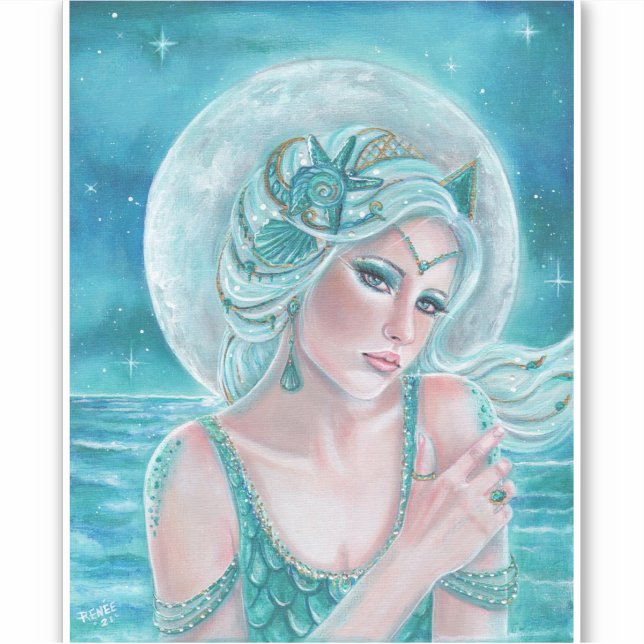 Luna moon goddess mermaid art von Renee L. Lavoie Aufkleber (Vorderseite)
