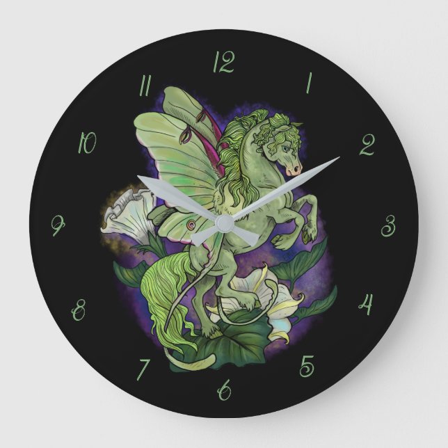 Luna Moonduster Moth Fairy Horse Large Clock Große Wanduhr (Vorderseite)