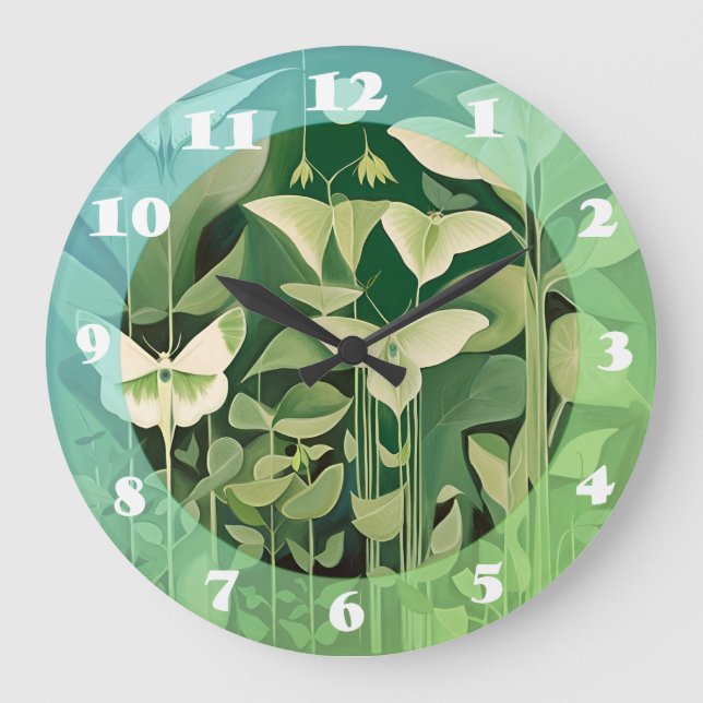 Luna Moth and Blume - Grün und Creme Große Wanduhr (Vorderseite)