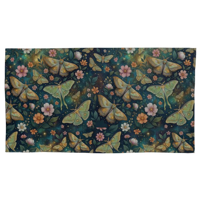 Luna Moth and Moon Phases, Starry Night Flowers Kissenbezug (Vorderseite-Links)