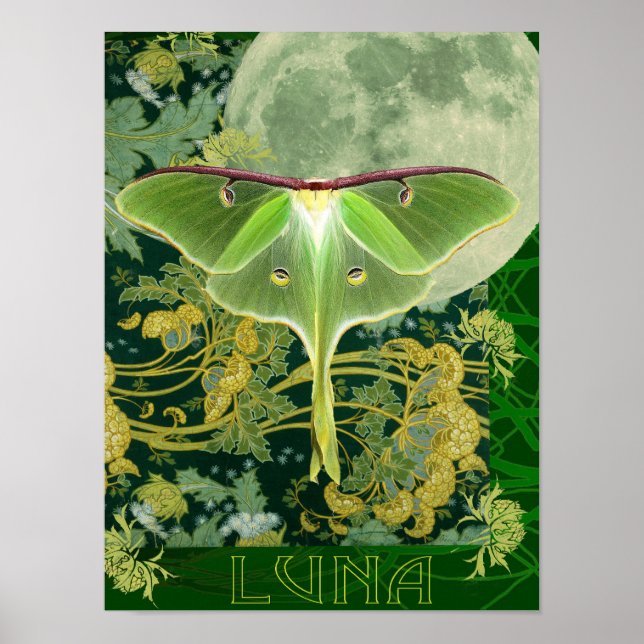 Luna Moth and Moon Poster, Green Nature Collage Po Poster (Vorne)