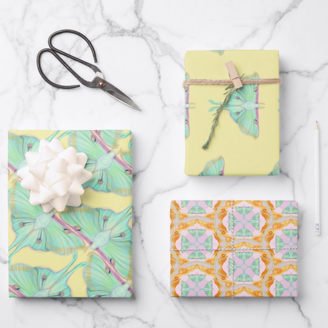 Luna Moth auf Gelb Geschenkpapier Set (Vorderseite)