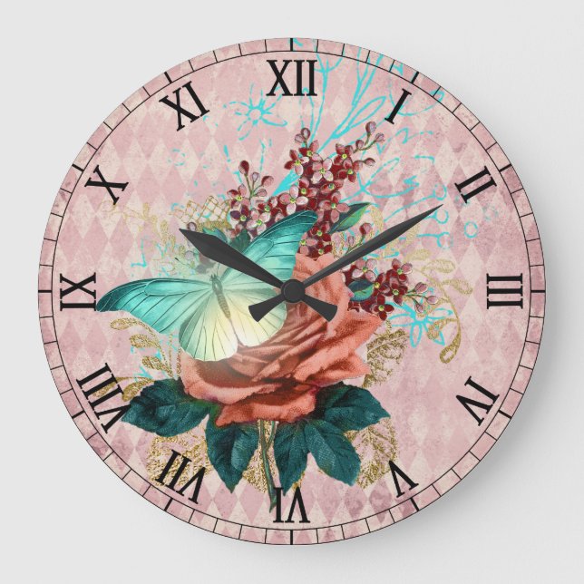 Luna Moth Bouquet Große Wanduhr (Vorderseite)
