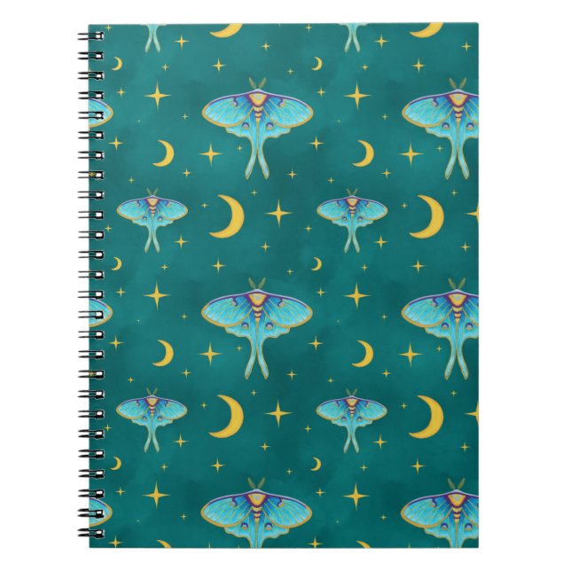 Luna Moth Celestial Moons & Stars Aquamarin Notizblock (Vorderseite)