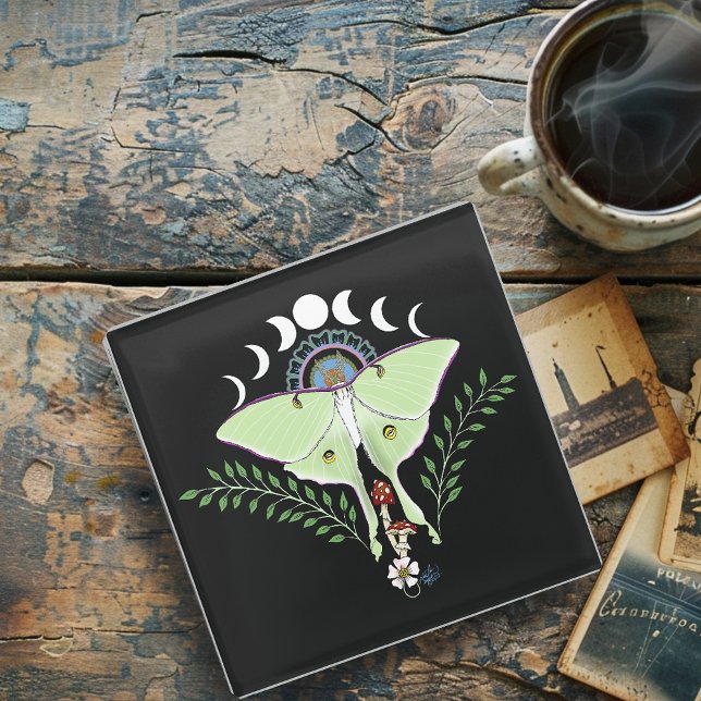 Luna Moth Moon Phases Black Glasuntersetzer (Von Creator hochgeladen)